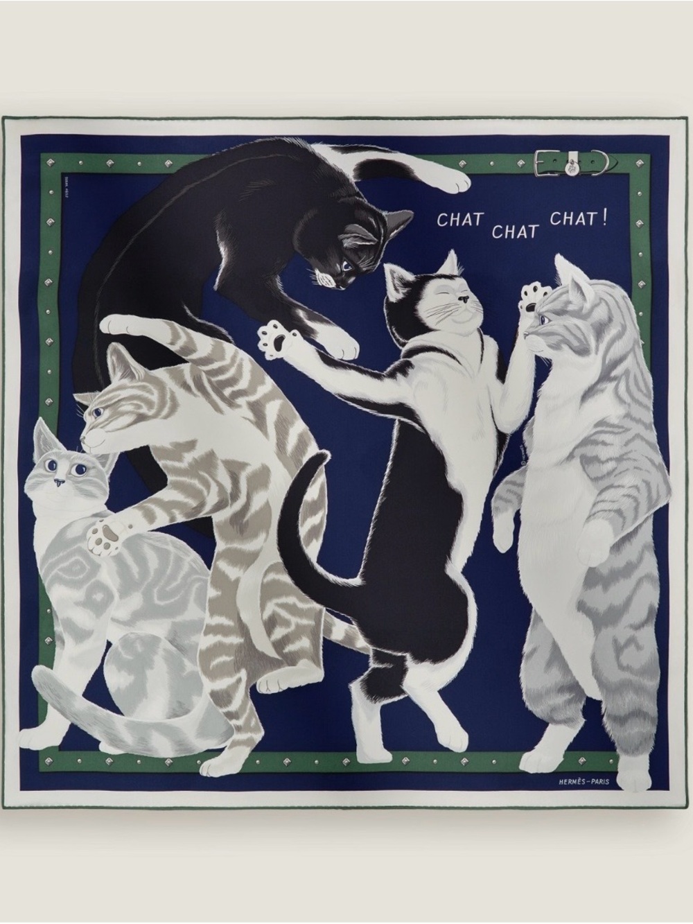 Hermes Navy Cat Print Silk Scarf with Green Border and Black, White Cats